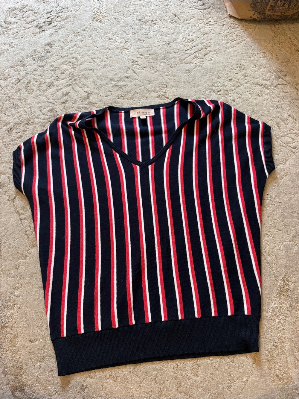 Philosophy Navy V-Neck Stripe Knit Top with Red & White Accents
